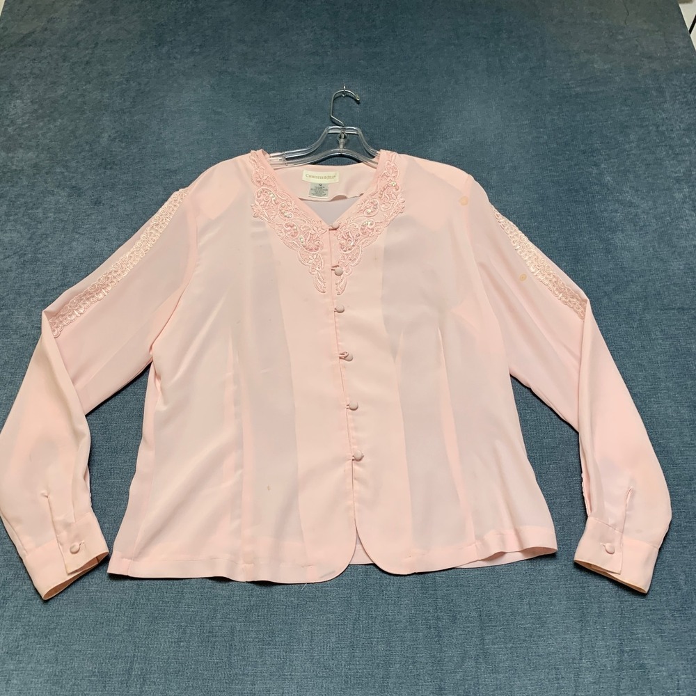 Christie & Jill Blouse Top Womens 12 Pink Lace Details Button Front Long Sleeve